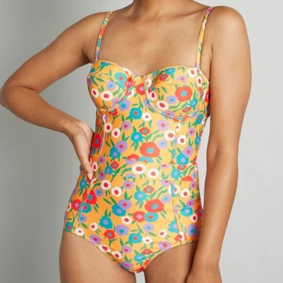 Modcloth The Pippa One Piece Swimsuit XS Yellow Floral Retro Bustier Corset 60s - Picture 1 of 6